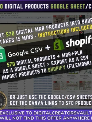 570 Digital Products Google Sheet CSV + Shopify Import files - Commercial Use - Plus Master resell rights MRR + PLR for the Products